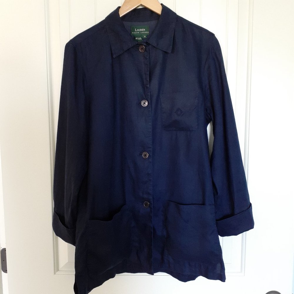 LRL Linen Button Up Shirt/Jacket with Pockets Dark Blue Size M